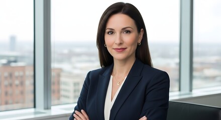 Professional portrait of a woman in a dark blue suit