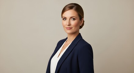 Professional portrait of a woman in a navy blazer and white blouse