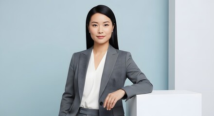 Professional portrait of an East Asian woman in a gray suit and white blouse