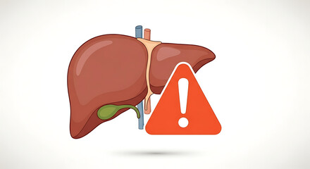 A cartoon illustration of a liver with a warning sign, indicating potential health concerns.