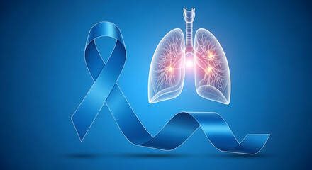Illustration of lungs with glowing spots, accompanied by a blue ribbon, symbolizing awareness or support.