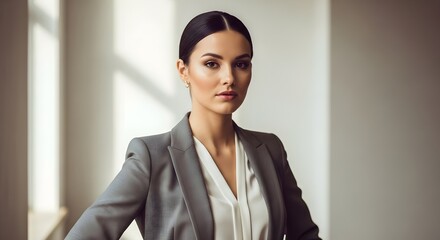 Professional woman in a gray suit and white blouse