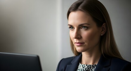 Professional woman in a navy suit jacket and patterned top looks at a laptop