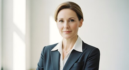 Professional woman in a suit and white blouse with a necklace