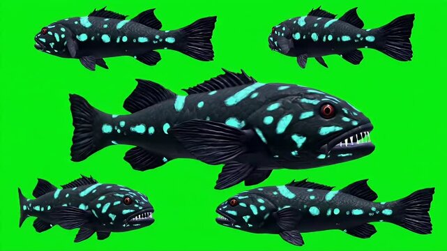 Black Viperfish with Turquoise Spots Isolated on Green Screen 3D Rendering