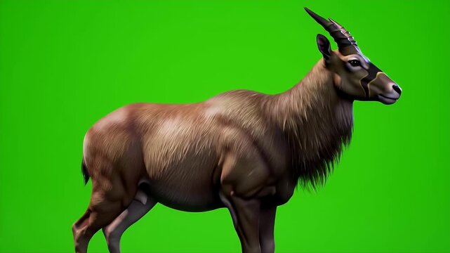 Brown Japanese Serow Profile Standing Against Green Screen For Chroma Key Isolated Wildlife 3D Rendering Animation Cut Out Stock Footage Visual Effect
