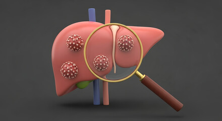 3D illustration of a human liver with magnified lesions, highlighting potential disease.