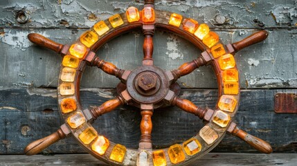 Antique Ship's Wheel with Amber Gems: A Nautical Masterpiece