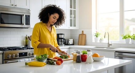 Woman chopping vegetables in a bright modern kitchen