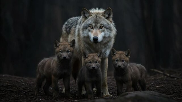 Gray wolf and pups in a dark forest