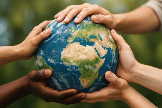 Diverse hands of different ethnicities gently holding Earth globe symbolizing global unity and environmental cooperation
