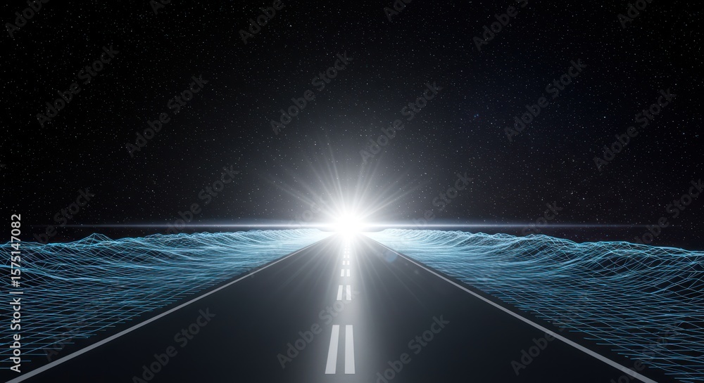 Poster cosmic highway stretching through space towards a shining gateway of light