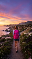 Woman hikes coastal path during sunset with pink backpack