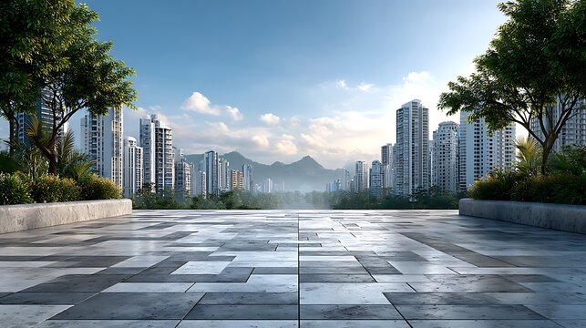 A wide empty concrete square with geometric tile patterns in the foreground, modern glass skyscrapers rising in the background under a clear blue sky.