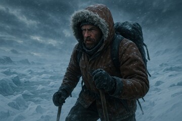 Resilient person braving harsh winter conditions in frozen landscape with determination and survival spirit