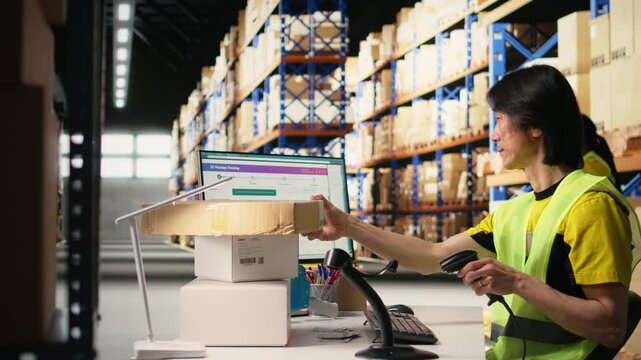 Asian male staff uses handheld scanner to register airway bill information, updating the package tracking software in real time with barcode reader and shipment details. Stock room. Camera A.