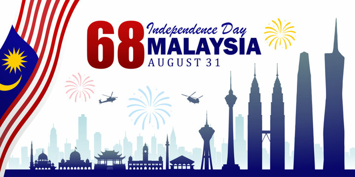 Malaysia Independence Day Banner Design with iconic Malaysian landmarks, fireworks, and the national flag, modern flat vector. - Powered by Adobe