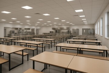 Spacious institutional cafeteria dining room with organized seating and modern food service facilities