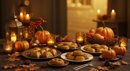Christmas still life with pumpkin and candles, a sweet holiday dessert table decoration