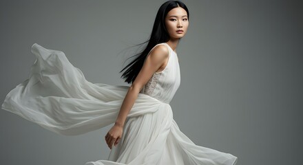 Woman in flowing white dress against a gray background