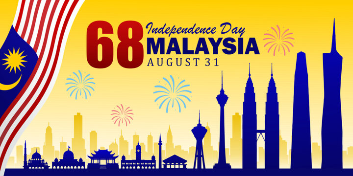 68th Malaysia Independence day celebration design with city landmarks. Independence day Malaysia banner, poster, background, greeting card. Vector Illustration