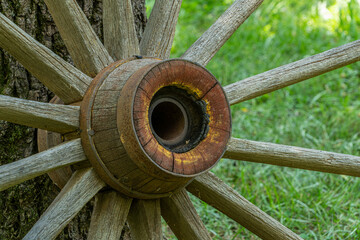 A hub and spokes of an old wooden wagon wheel