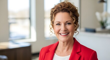 Woman in red blazer smiling indoor office setting