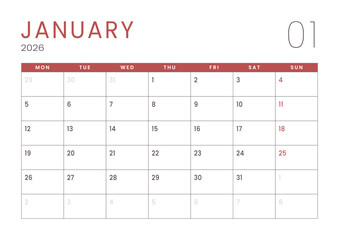Monthly page Calendar Planner Template design of January 2026. Vector layout of calendar with week start Monday for Scheduling. Page for size A4 or 21x29.7 cm