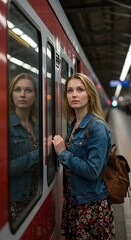 Woman looking out a train window