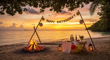 Exotic beach birthday celebration with bonfire and sunset backdrop in tranquil setting