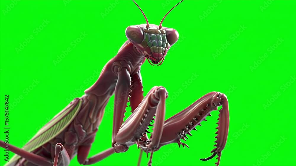 Poster detailed 3d render of a praying mantis isolated on green screen background for chroma key compositin