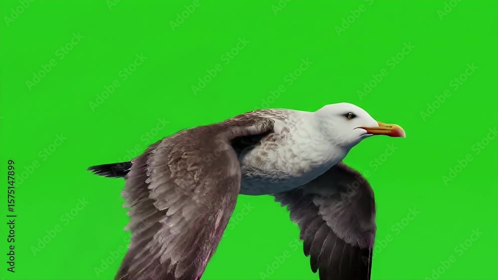 Poster detailed 3d render of a seagull in flight isolated by green screen chroma key background perfect for