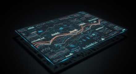Futuristic data visualization with glowing graphs and digital interfaces displayed on a screen