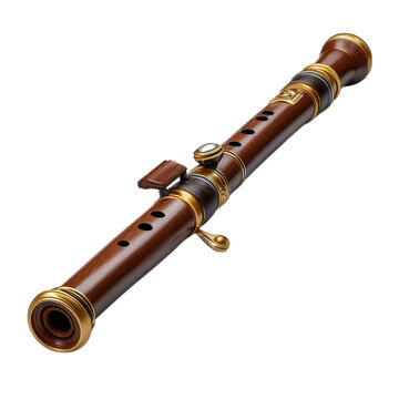 A vintage shawm, a wooden renaissance instrument with brass accents, isolated on transparent background, showcasing its musical heritage