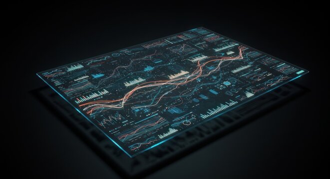 Futuristic data visualization with glowing graphs and digital interfaces displayed on a screen