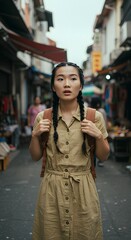 Woman walking down a bustling street with shops