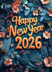 “Happy New Year 2026” 3D Text with Floral Frame, Festive Greeting Design for New Year Cards and Decor, Botanical - Themed Celebration Art