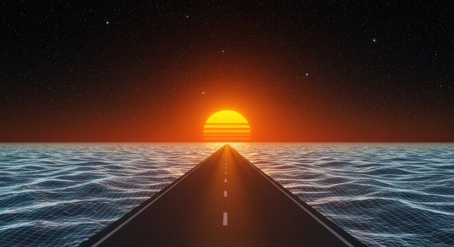 Futuristic ocean road at sunset with starry sky a visual journey of limitless potential - Powered by Adobe