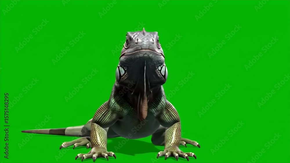 Poster detailed 3d render of an iguana on green screen chroma key background for compositing isolated anima