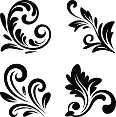 Collection of four elegant black swirling flourishes and decorative ornaments