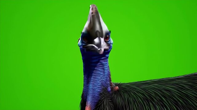 Detailed 3D Render of Cassowary Isolated on Green Screen With Intricate Plumage and Vibrant Blue Neck Perfect For Chroma Key Compositing and Visual Effects