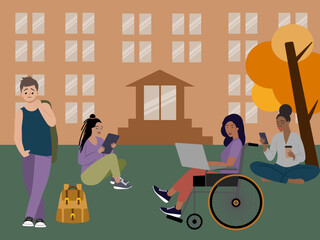 College students relaxing and studying on the lawn in front of residence hall