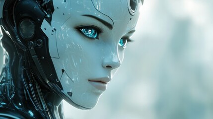 a futuristic android with ethereal beauty and intricate mechanical details gazing into a distant horizon showcasing the convergence of technology and captivating aesthetics