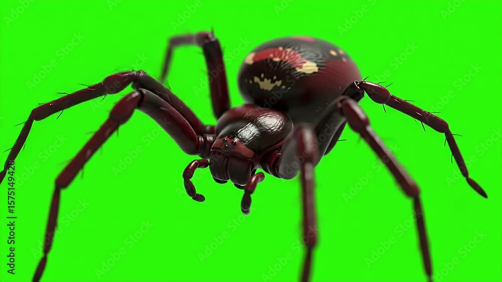 Poster detailed 3d render of redback spider isolated on green screen displaying distinctive red stripe desi