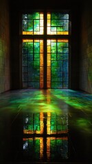 Obraz premium Ethereal stained glass window shaped like a cross casting colorful green reflections in a sacred indoor setting. The interplay of light and form creates an ambiance of hope and divine
