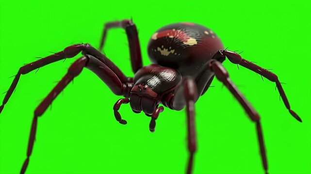 Detailed 3D Render of Redback Spider Isolated on Green Screen Displaying Distinctive Red Stripe Design Perfect for Digital Art Halloween Theme