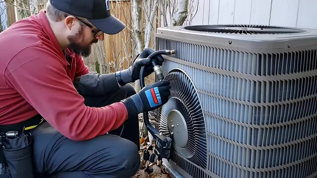 Male Technician Working On The HVAC System Outdoor Wearing Red Shirt and Black Gloves Repairing Air Conditioning Unit Beside Wooden Fence