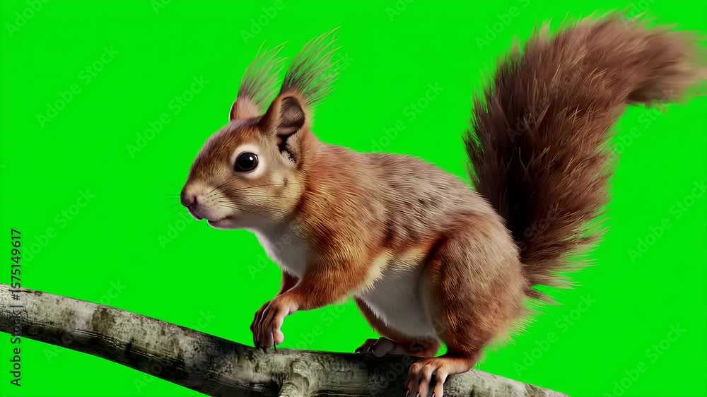 Poster detailed 3d render of squirrel on branch isolated by green screen for chroma keying and compositing 