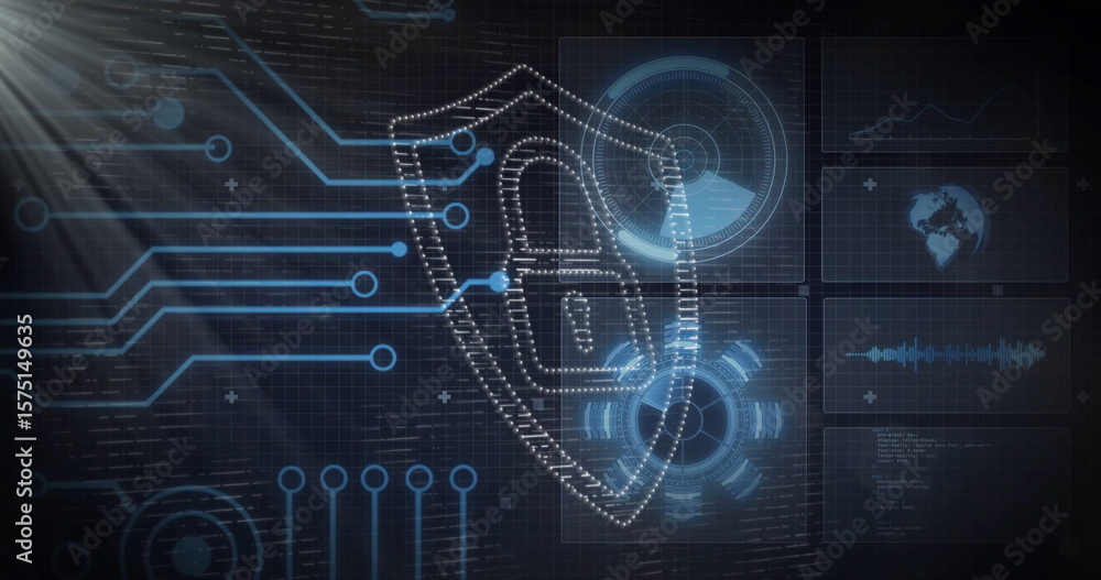 Poster wireframe shield with lock icon floating in dark grid interface, with circuit lines and data panels