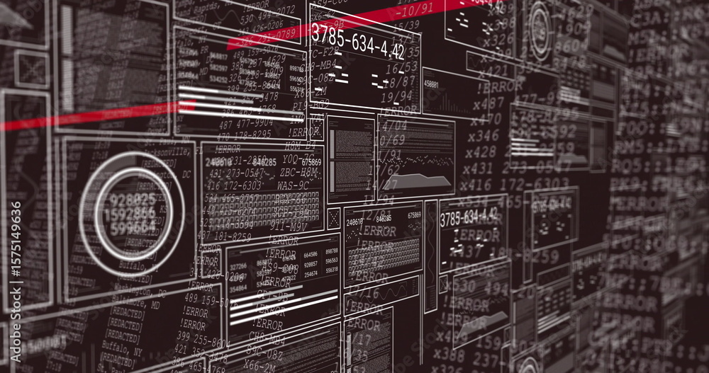 Poster displaying interface panels on control screen with error dialog boxes, red beams, waveform charts
